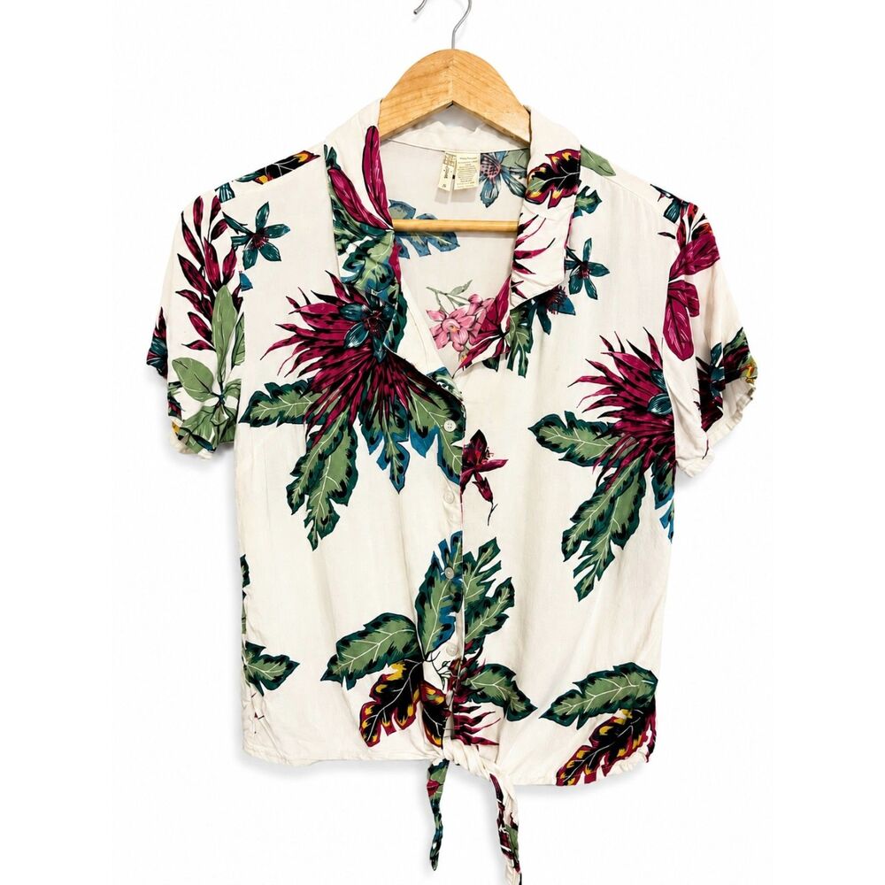 Japna Tropical Floral Top Tie Front Blouse Button Up Hawaiian Resort Rayon S